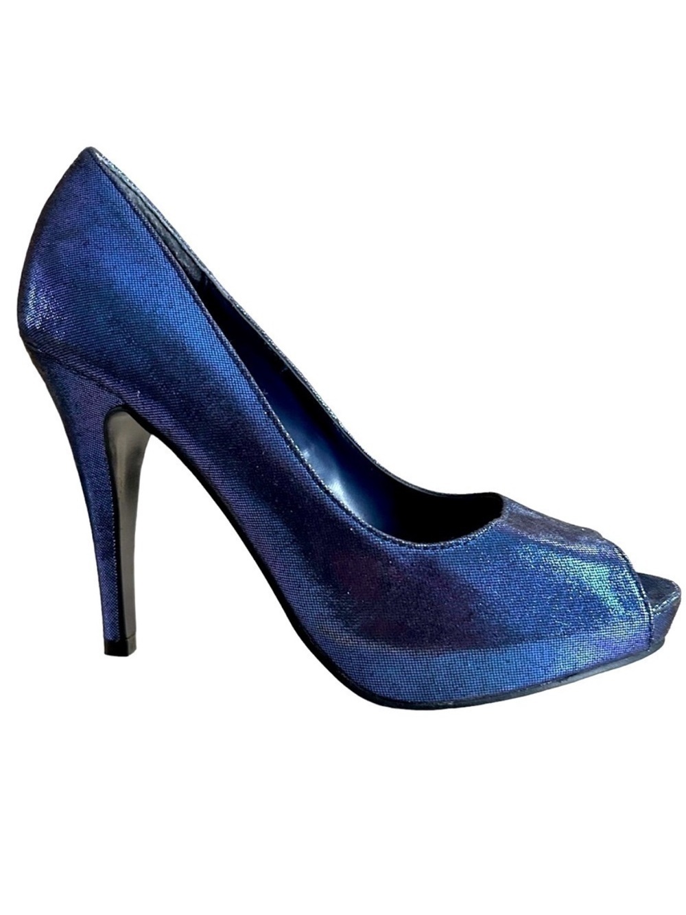 Call it Spring Iridescent Blue/Purple Peep Toe Platform Heels